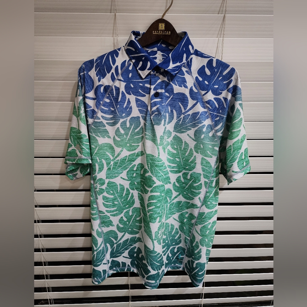 Tommy Bahama Island Zone Polo Shirt - UPF 30 - Blue White Green leaf print